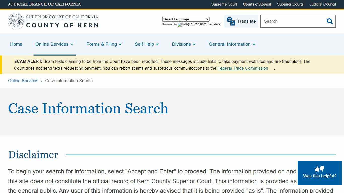 Case Information Search Superior Court of California County of Kern